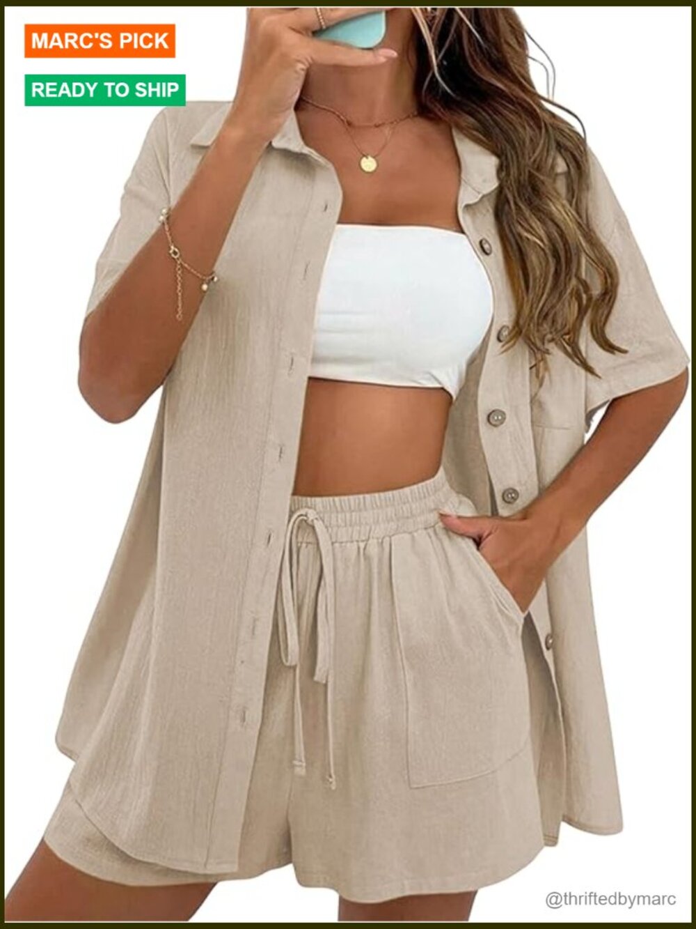 Casual Linen-Blend Beige Button-Up Shirt & Shorts Set - Unbranded